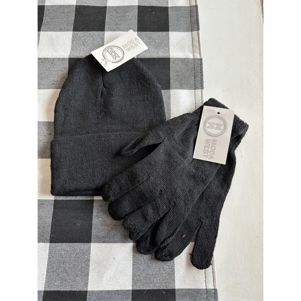 Moda West Black Knit Beanie and Gloves Set Winter Accessories New With Tags